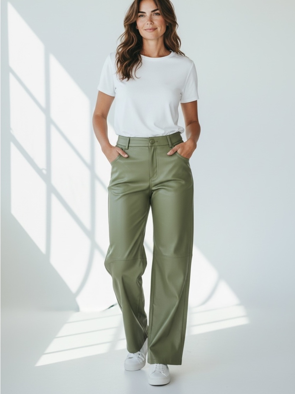 High-Rise Wide-Leg Faux Leather Pants - Olive